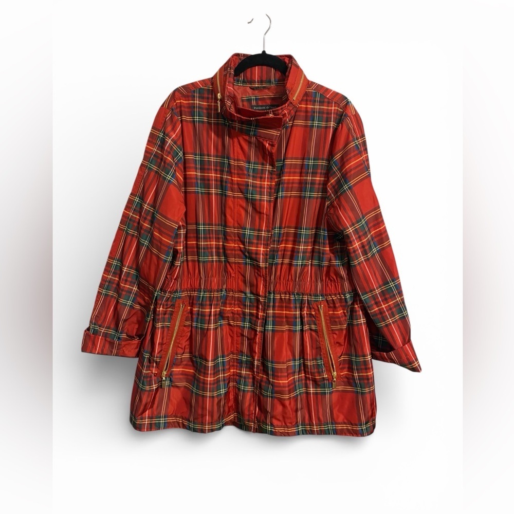Preston & York Red Plaid Tartan‎ Rain Jacket With Hidden Hood Preppy  XL Classy